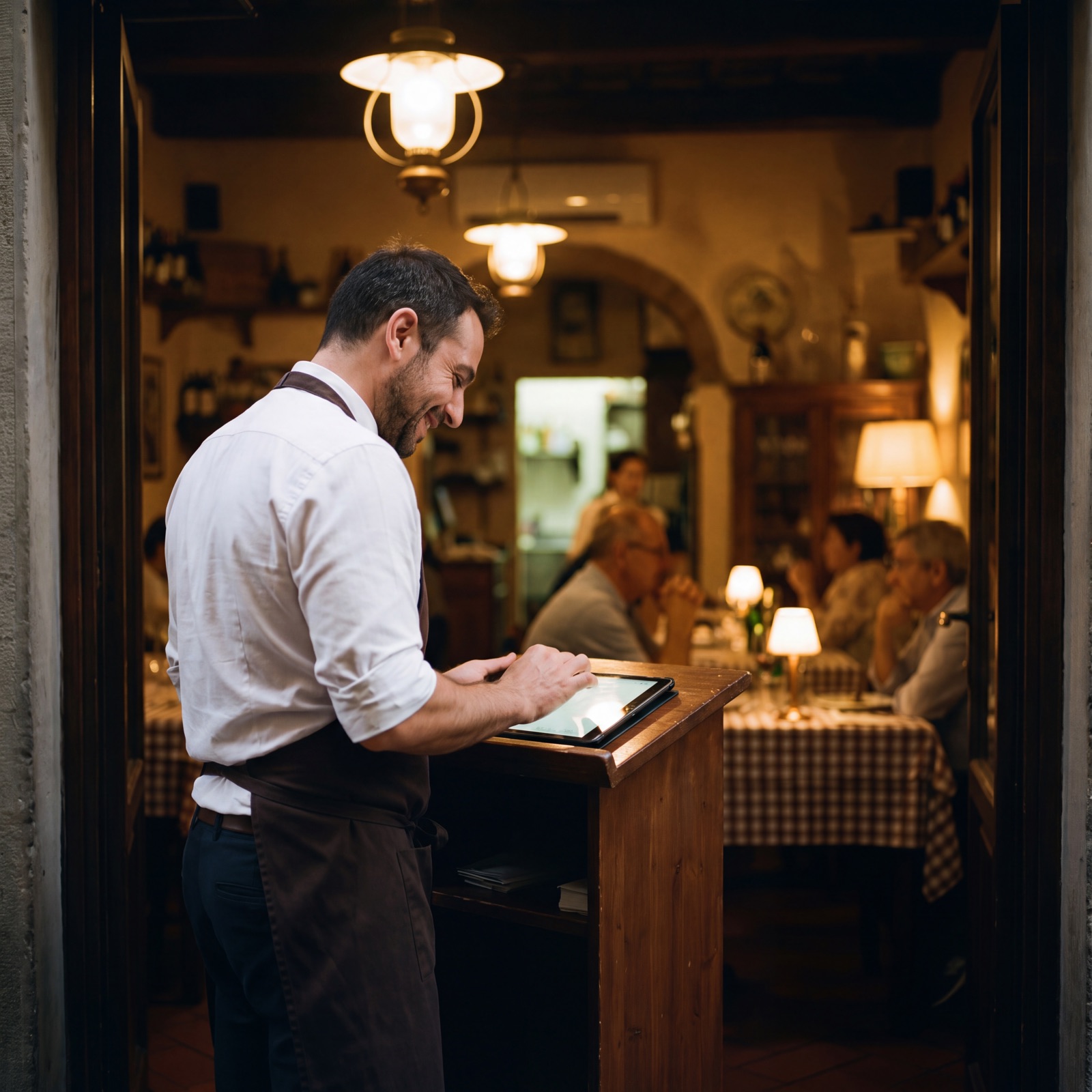 A waiter checks the bookings on a tablet at the restaurant entrance