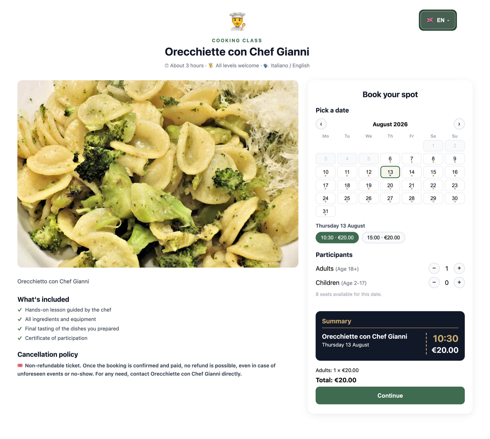 The real sales page: photo, calendar, tickets.