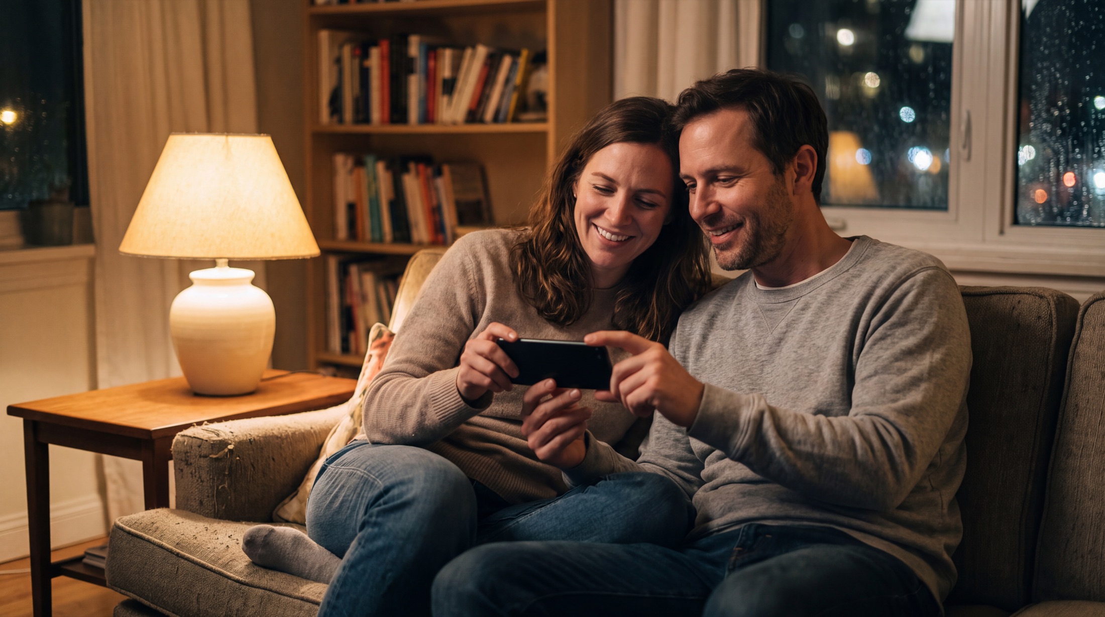 A couple on their sofa in the evening, choosing a restaurant together on their phones