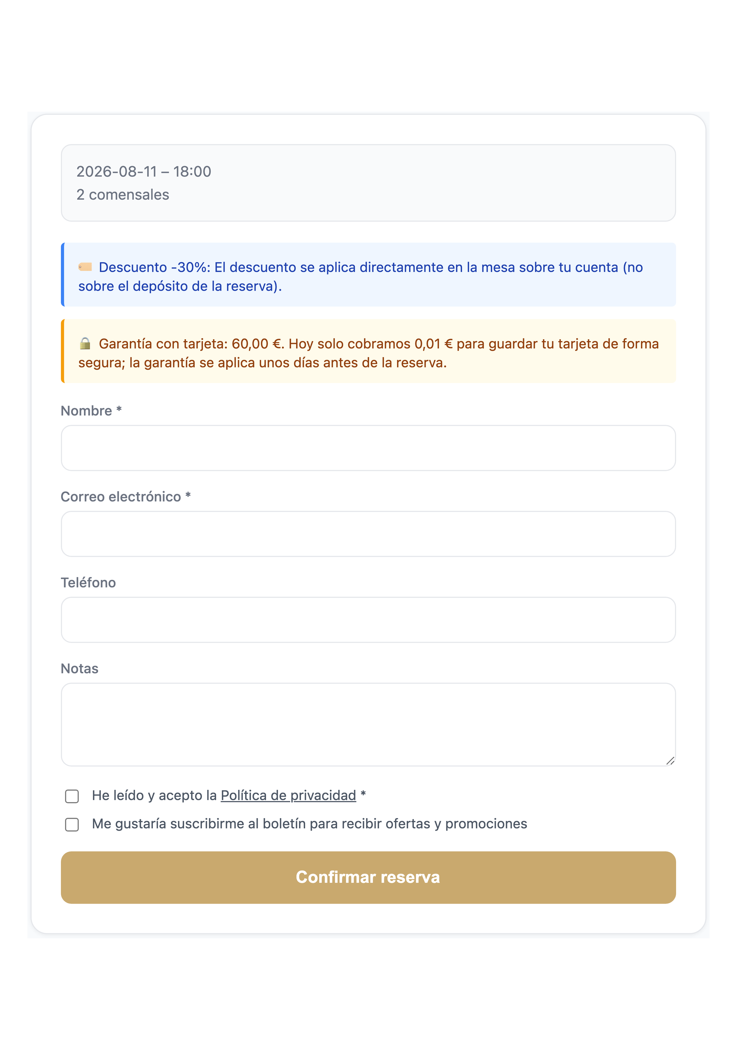 La garantía contra el no-show, explicada al cliente: hoy un céntimo, el resto se bloquea poco antes.