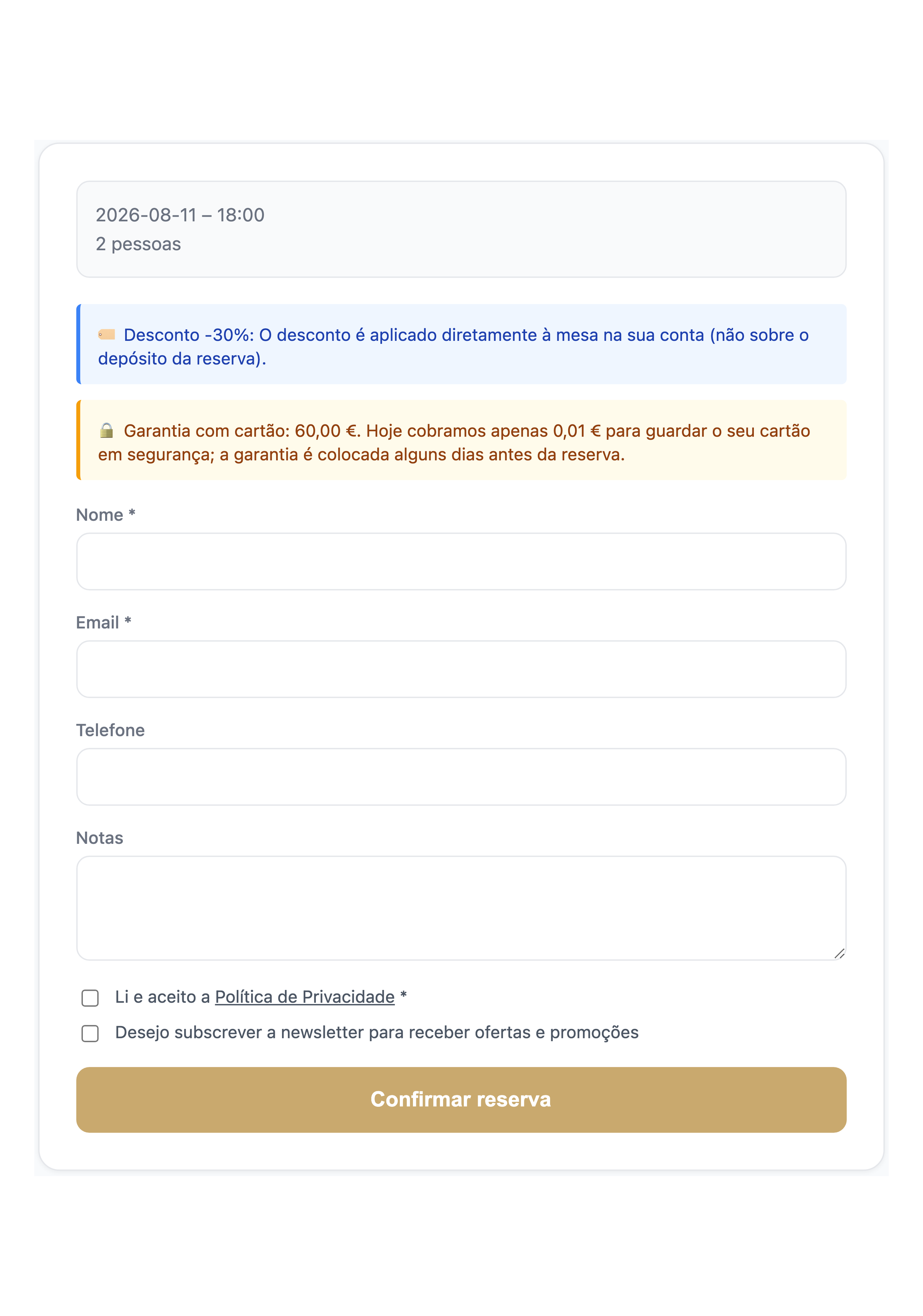 A garantia contra o no-show, explicada ao cliente: hoje um cêntimo, o resto é bloqueado pouco antes.