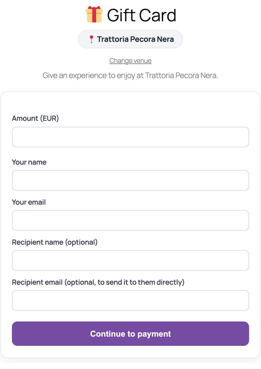 The Gift Card form: venue, amount, recipient