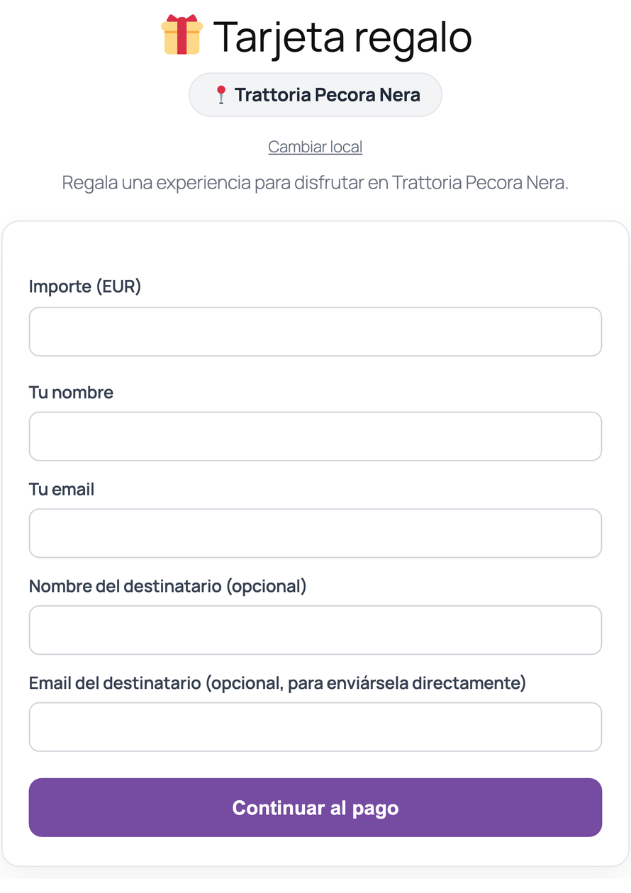 El formulario de la Gift Card: local, importe, destinatario