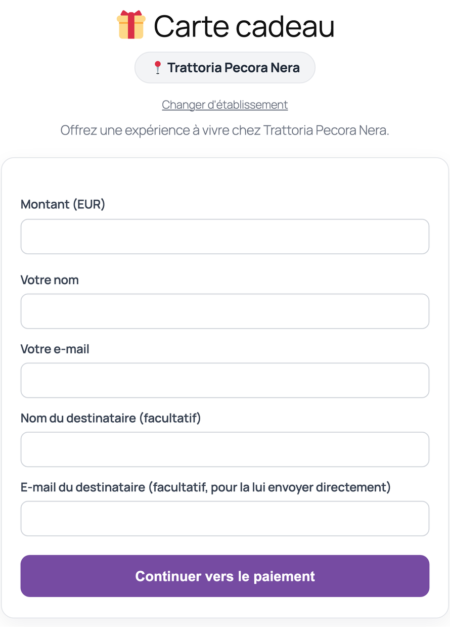 Le formulaire de la Gift Card : restaurant, montant, destinataire