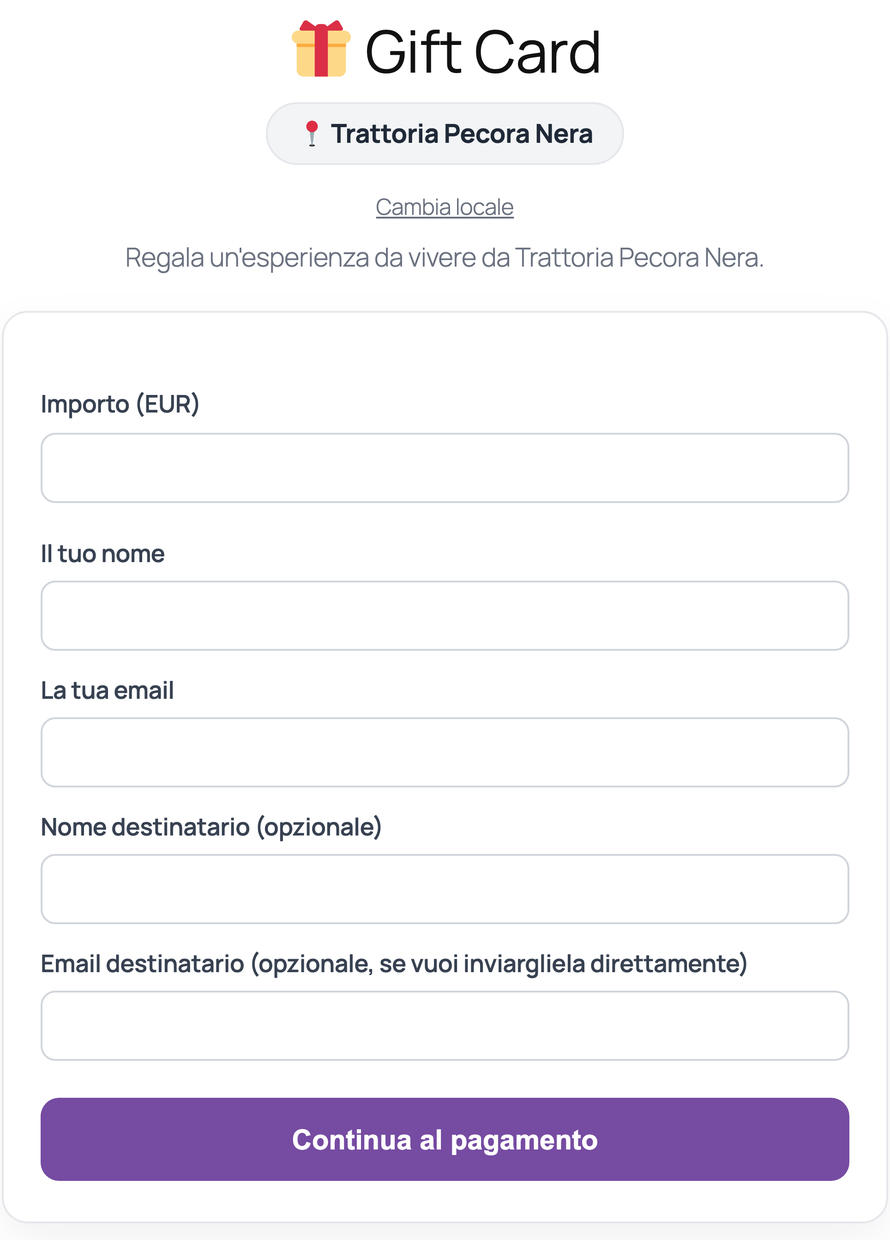 Il form della Gift Card: locale, importo, destinatario