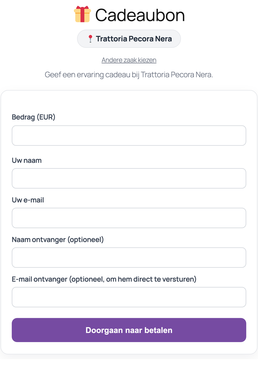 Het formulier van de Gift Card: zaak, bedrag, ontvanger