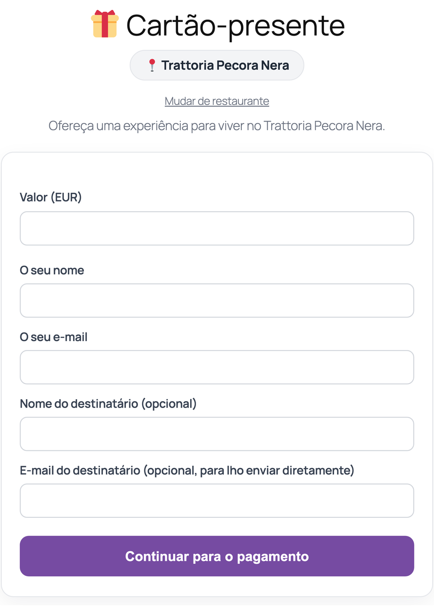 O formulário da Gift Card: restaurante, montante, destinatário