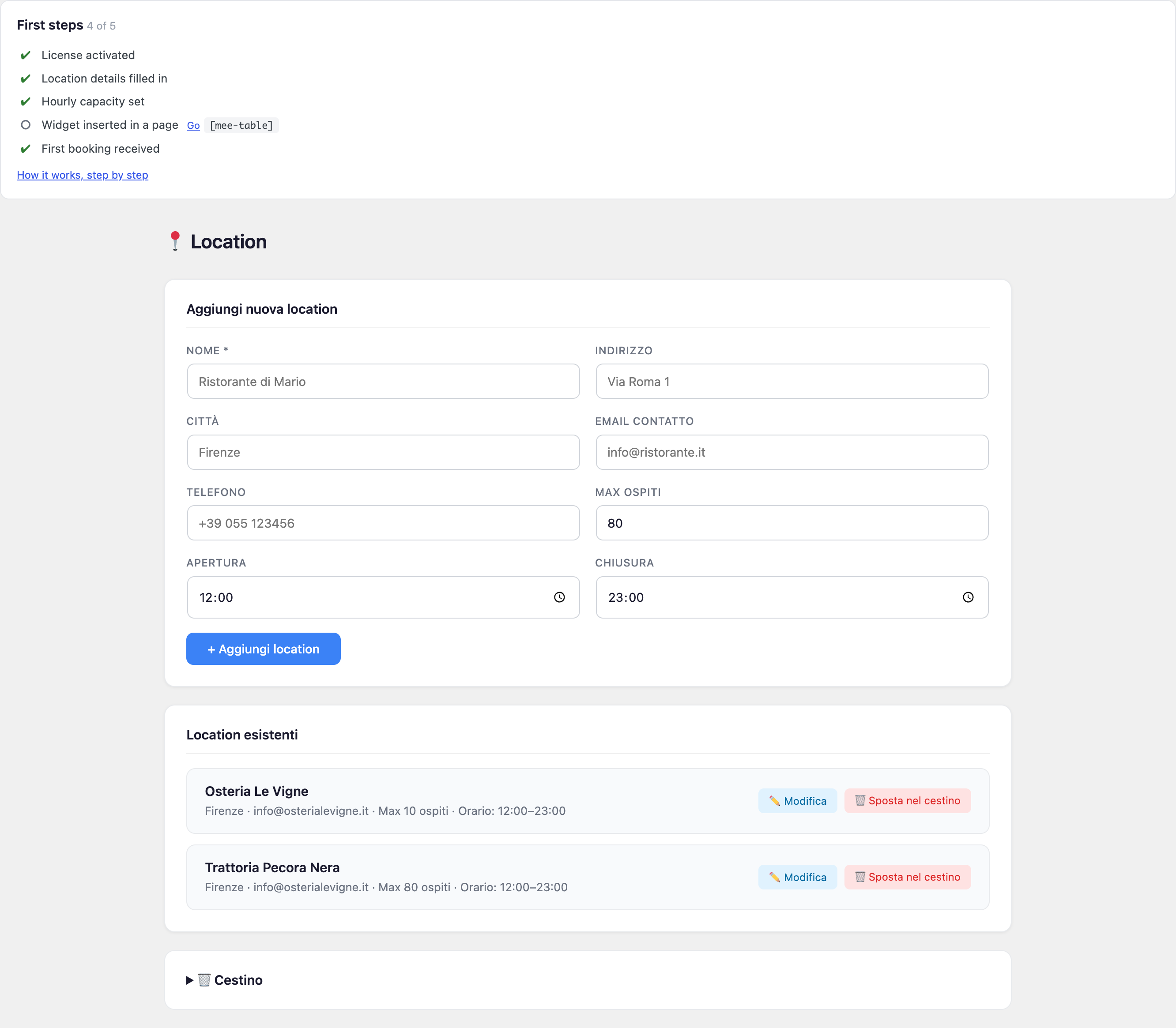 The Location page, with the First steps box at the top