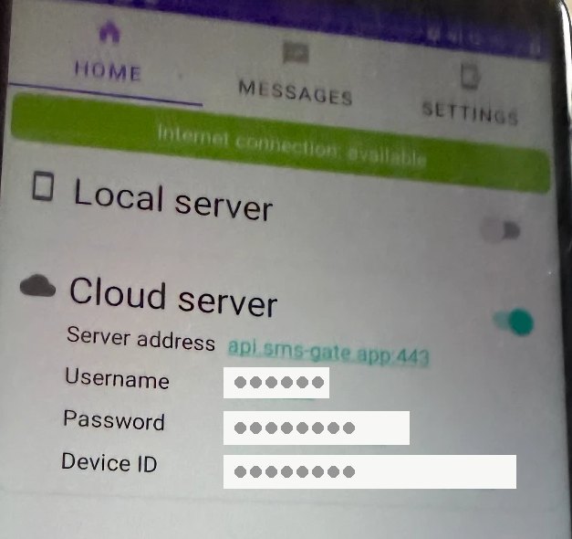 L'app SMSGate collegata: qui trovi Username e Password da copiare nel pannello