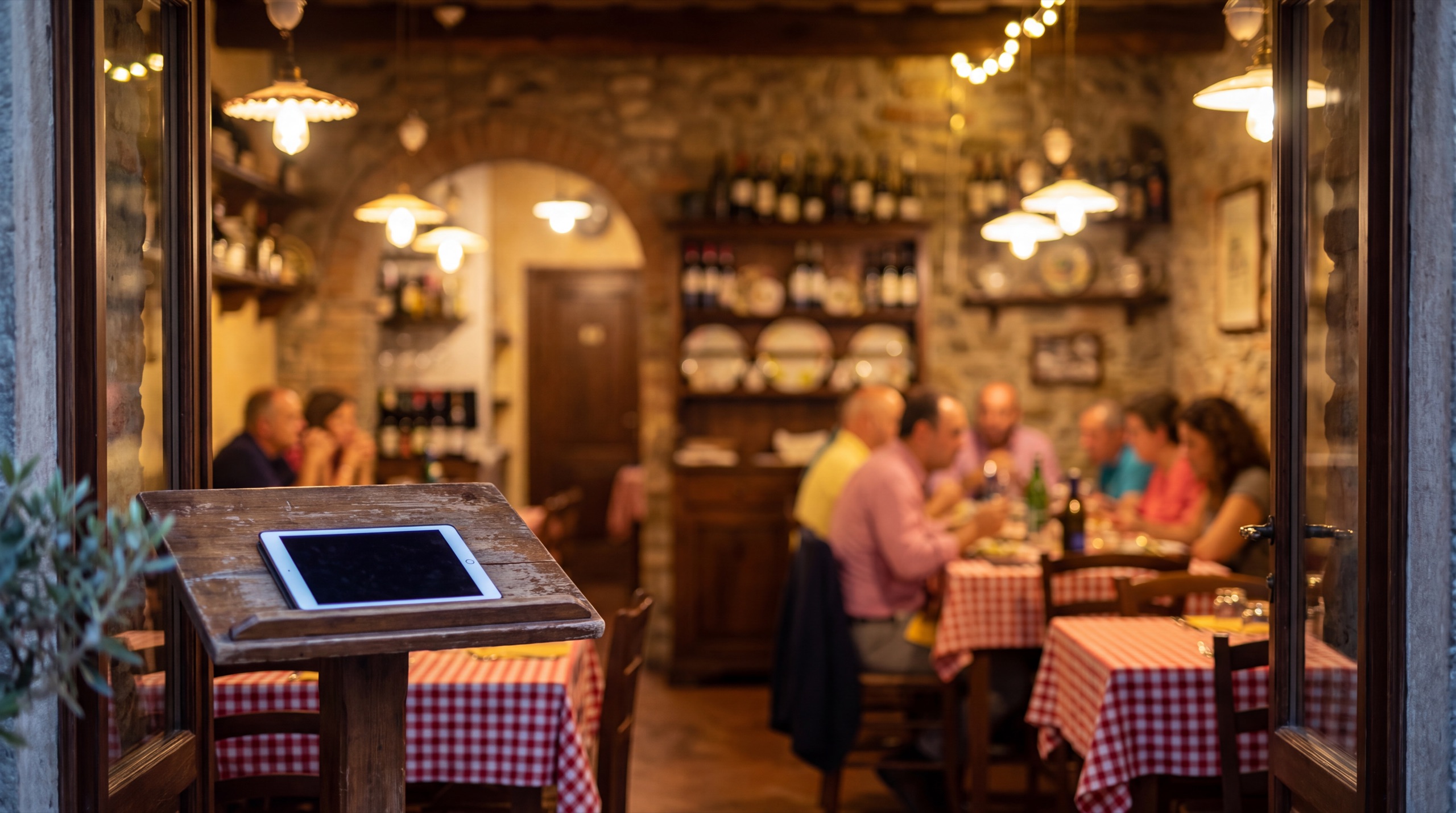 A full dining room at night, with the bookings dashboard on the podium at the entrance